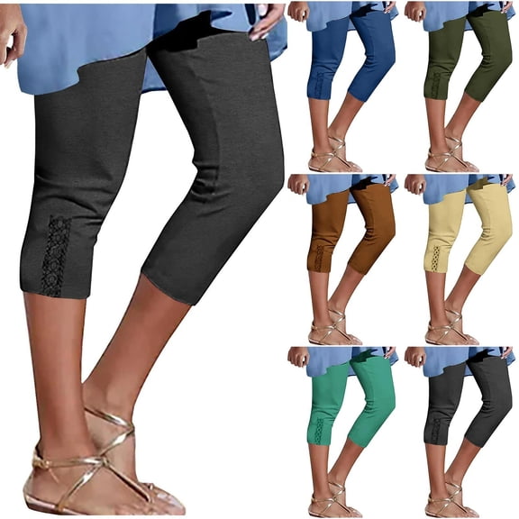 Women's Capri Pants Summer Solid High Waist Slim Fit Cropped Leggings with Pockets, Elastic Waist Stretchy Soft Fabric, Casual Yoga Workout Gym Lounge Pants for Women, Womens