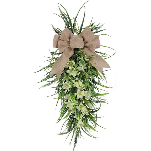 laqbezok Artificial Teardrop Swag Wreath - Spring Summer Artificial Lily Floral Wreath for Front Door, Wall, Window Home Decor, Easter St. Patrick's Day Theme Party Home Decor