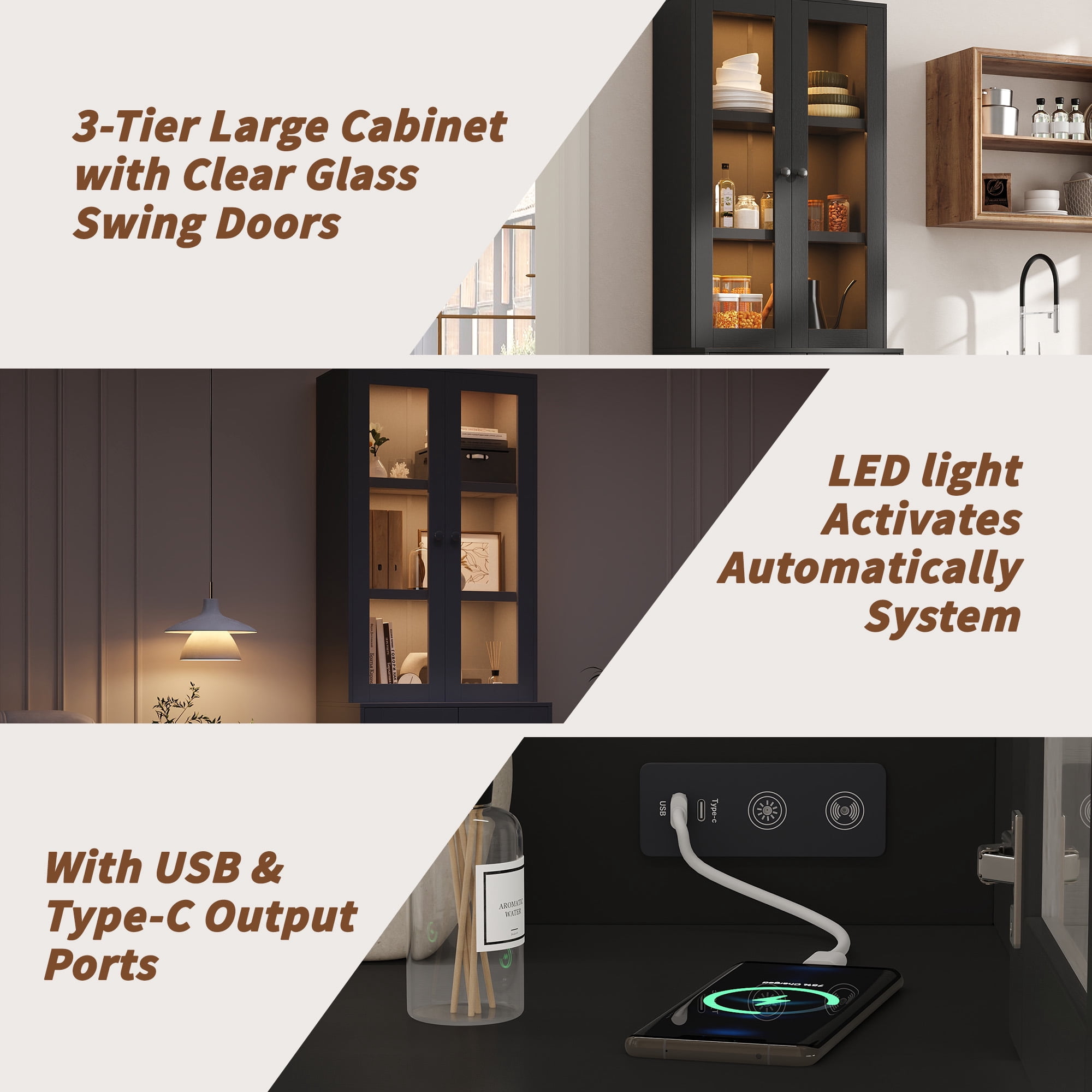 NEGYLIM 71" Bookcase with Glass Door,Display Bookshelves with Charging Station & Adjustable LED Lights,Modern Bookcase for Living Room,Bedroom,Home Office (Black B)