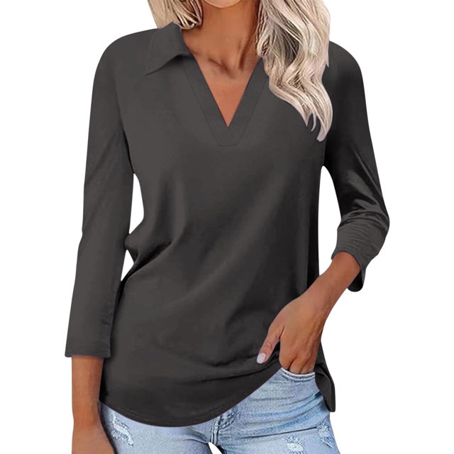 WTXUE T-Shirts à Manches Longues, Chandails à Col Rond pour Femmes à Manches 3/4 T-Shirts d'Été à Col en V Chemises à Col en Coton Uni, T-Shirts Chemises en Lin Hauts Décontractés pour Femmes Gris Foncé L