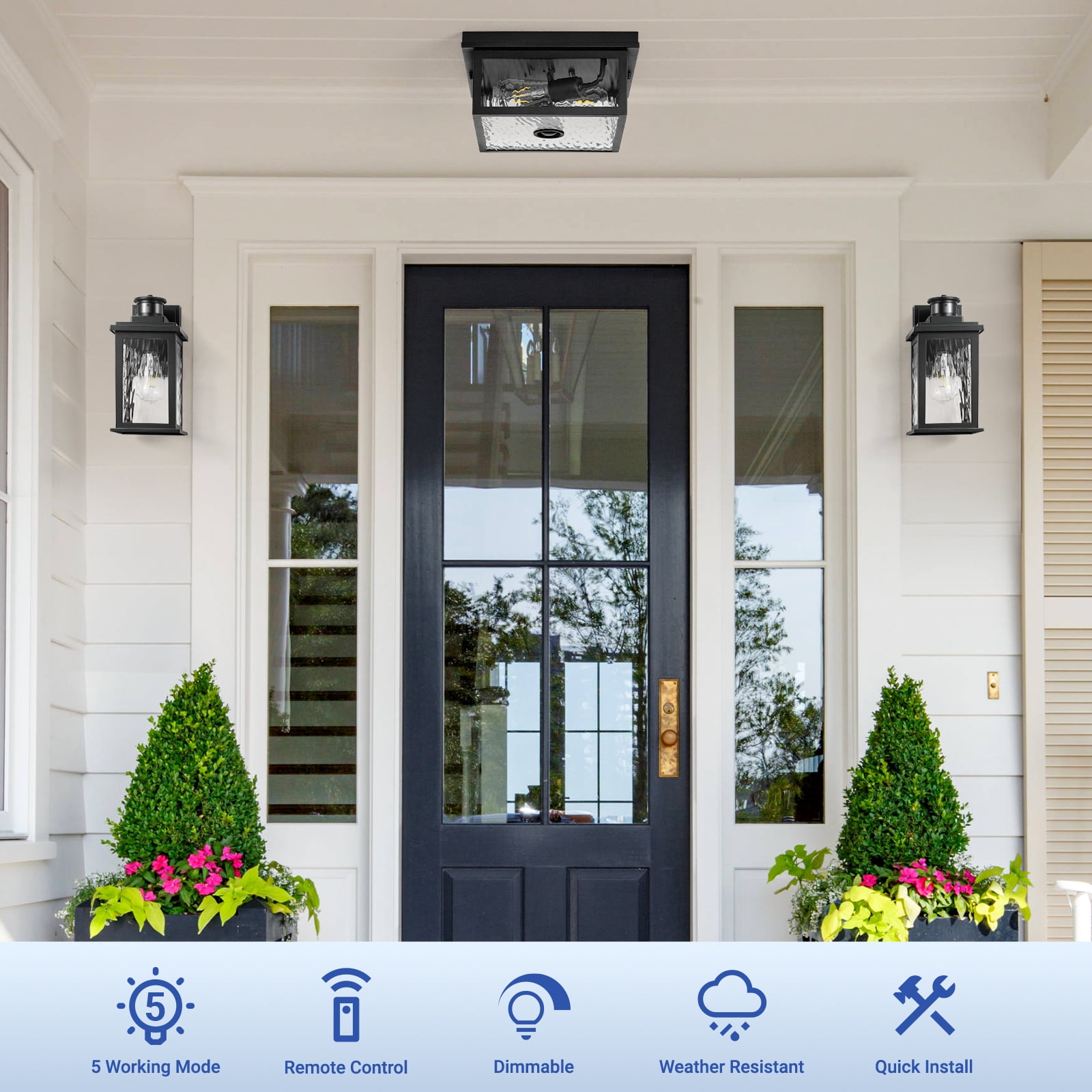 VIANIS Black Motion Sensor Outdoor Ceiling Light with Remote Control, Flush Mount Ceiling Lighting for Porch, Entryway, Adjustable Distance Time, 5 Modes, 2-Light