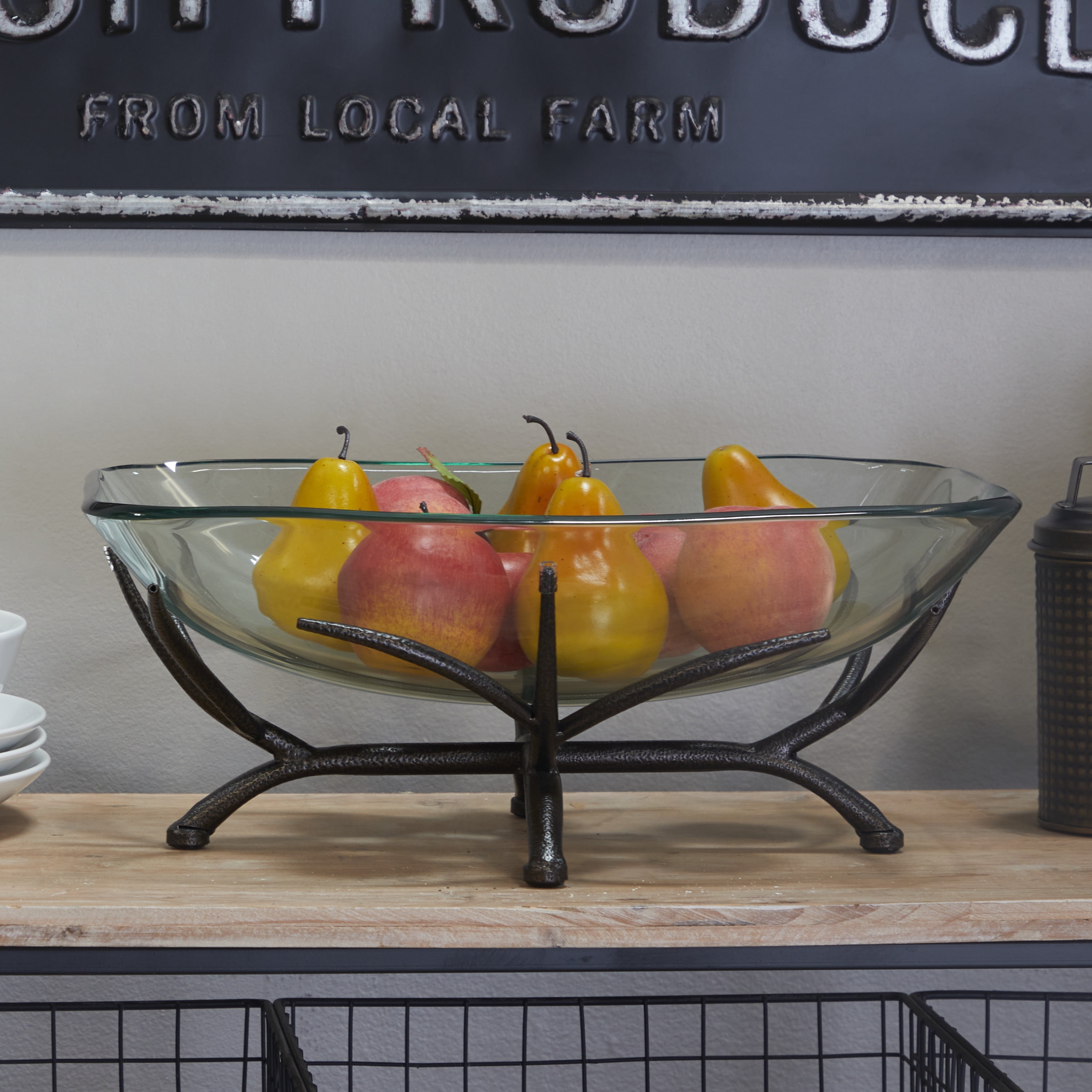 DecMode 19" x 8" Clear Glass Kitchen Serving Bowl with Black Metal Branch Stand, 1-Piece