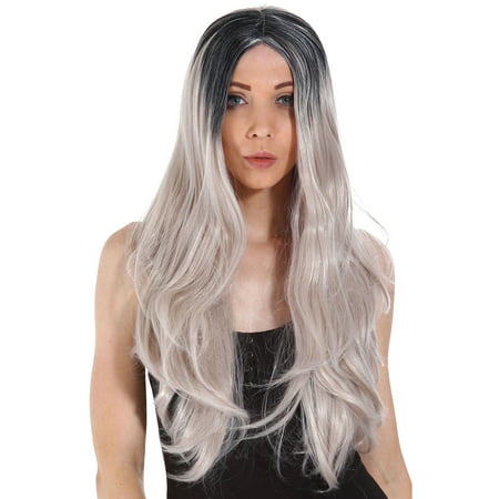 Long Straight Two Tone Black & Grey Ombre Full Hair Wig