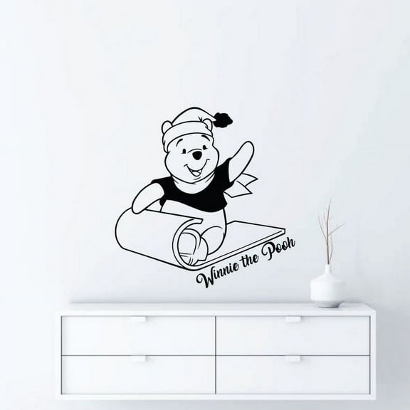 Cute Winnie The Pooh in Sleigh Winnie The Pooh Teddy Bear Cartoon Character Vinyl Wall Decal Art Decor Home Kids Room Girls Boys Bedroom Living Room Winnie The Pooh Home Décor Design Size (18x20 inch)