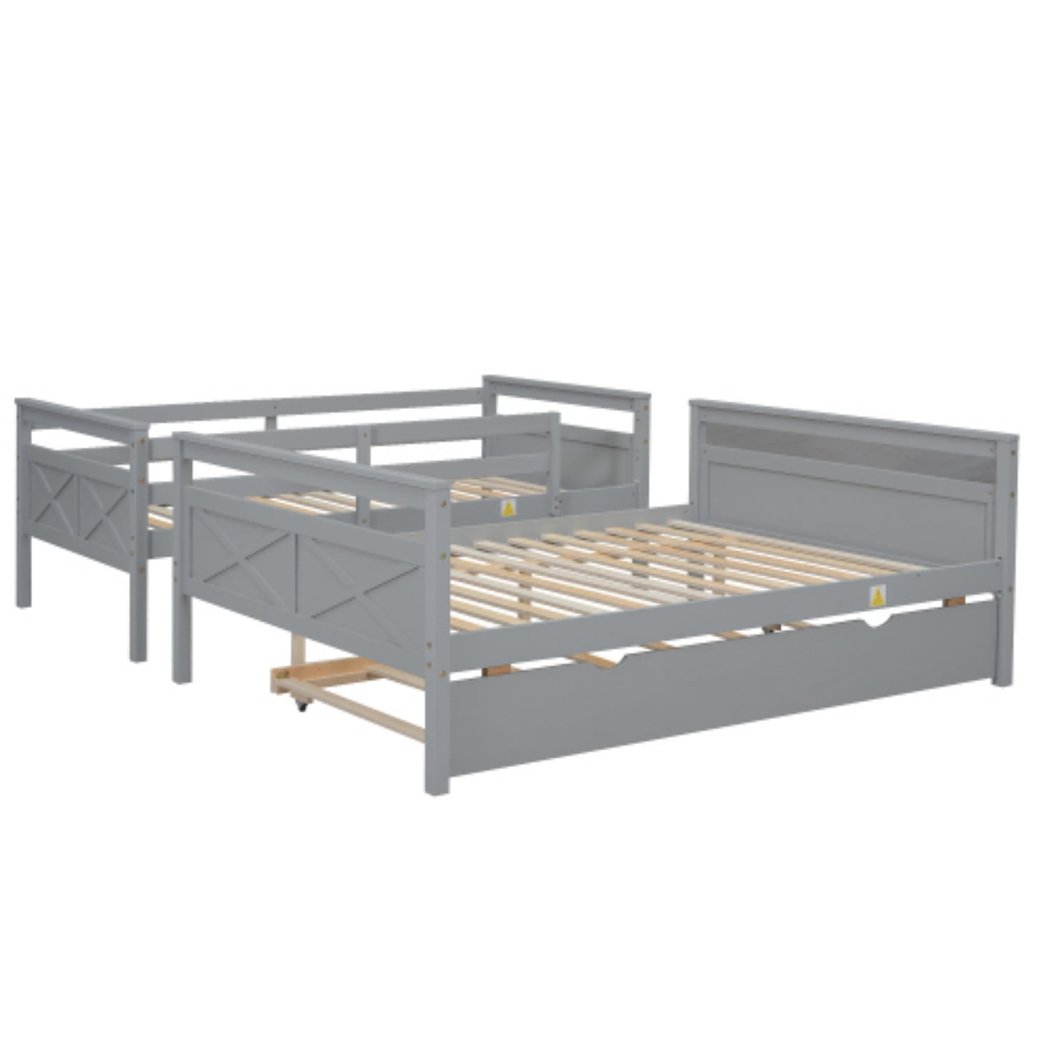 Twin Over Full Bunk Bed with Twin Trundle, Convertible Wood Bunk Bed with Ladder and Safety Guardrails, Twin Full Bed Frame for Kids Bedroom, Gray