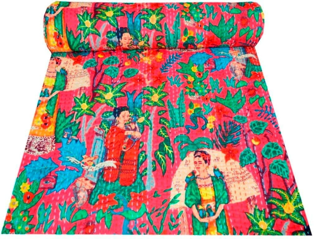 Details about   Indian Handmade  Kantha Frida Print Cotton Bedspread Bedding Blanket Queen Size 
