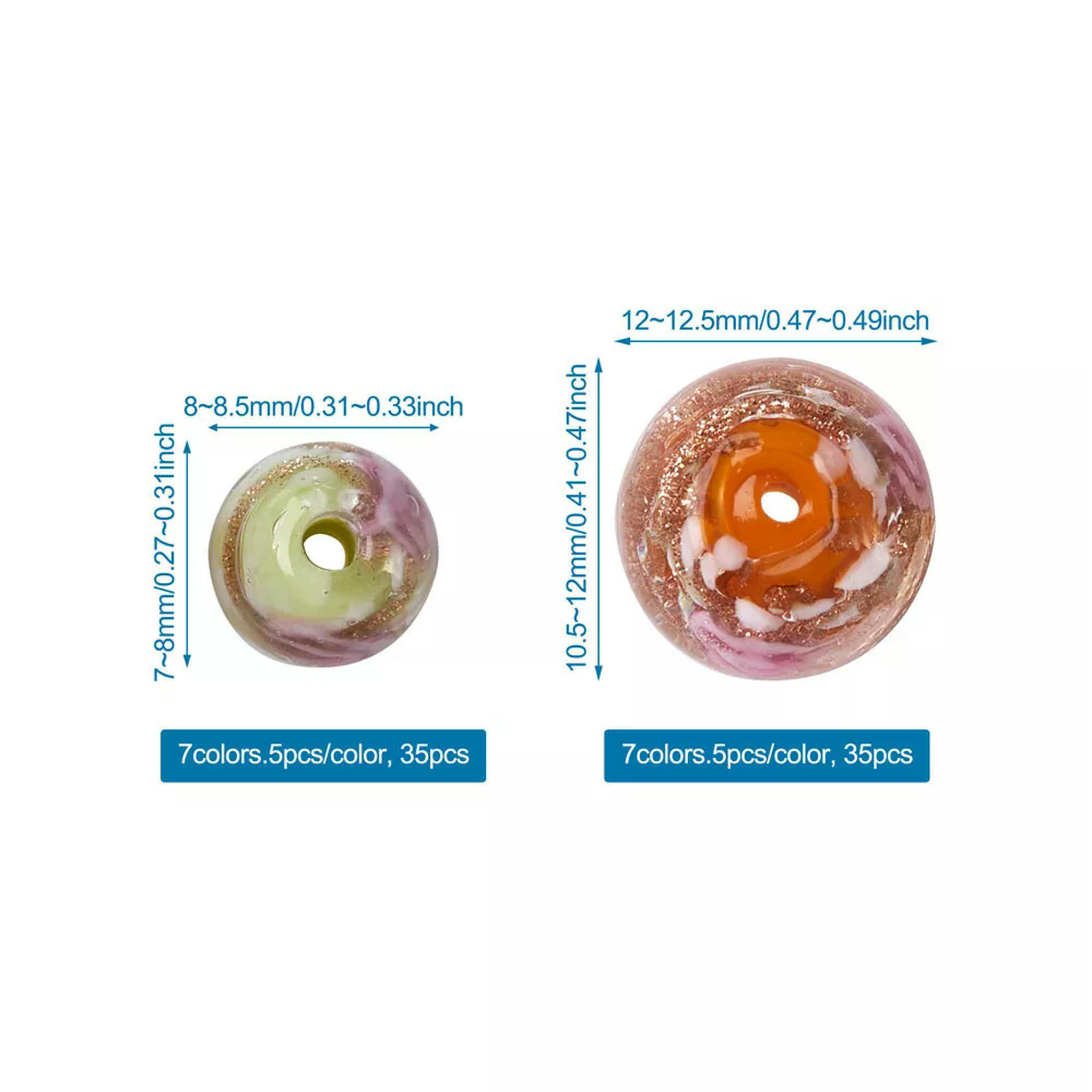 EOEMY 70Pcs Round Handmade Gold Sand Lampwork Beads Inner Flower Loose Spacer 8~12.5mm