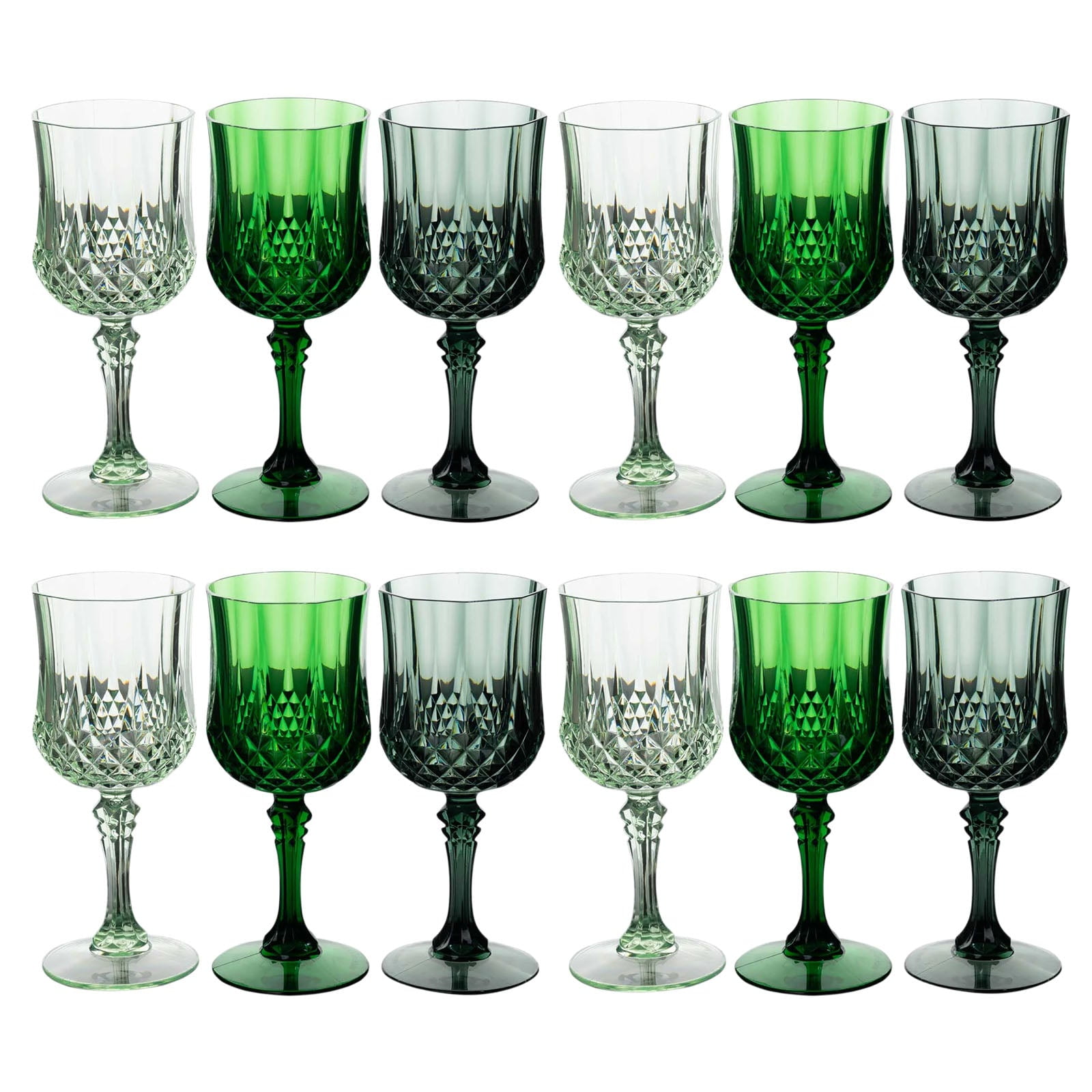 Efavormart 12 Pack Assorted Green Crystal Cut Reusable Plastic Wine Glasses, Shatterproof Cocktail Goblets 8oz