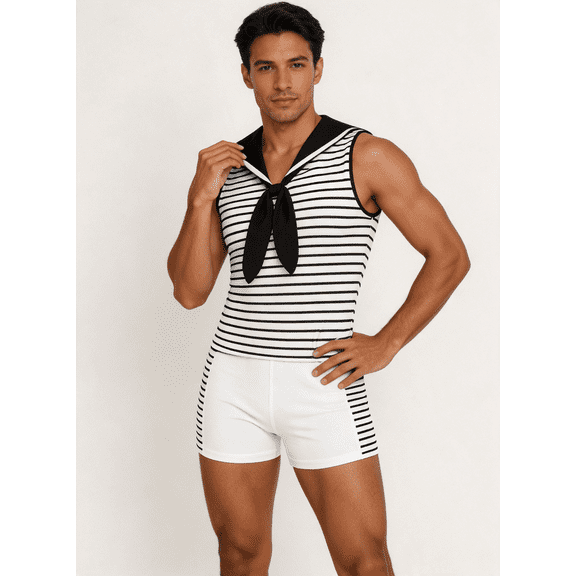 Men's Sailor Stripe Romper, Sleeveless Navy Trim One Piece Clubwear