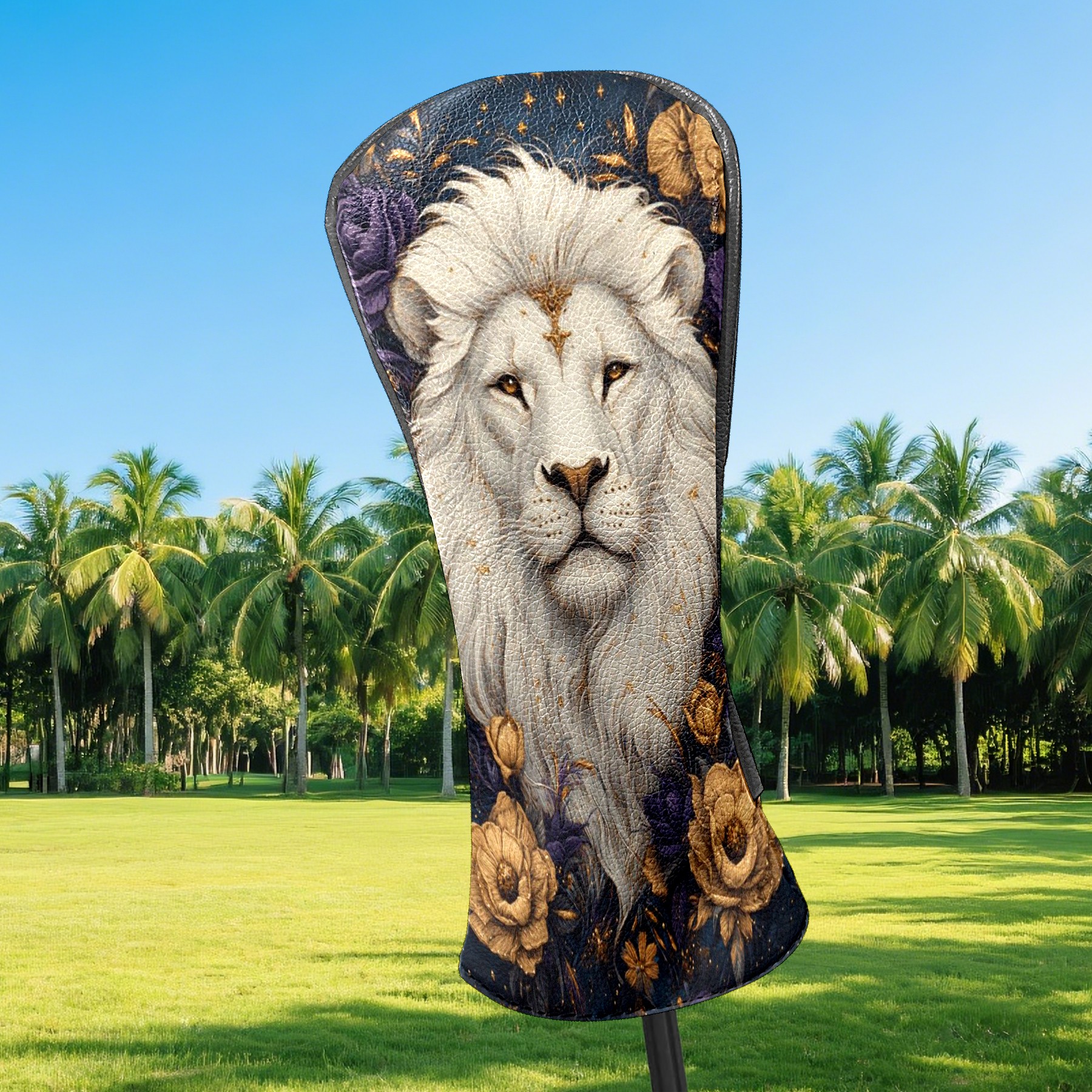 Golf Club Covers PU Leather Waterproof Head Covers for Fairway Woods Hybrids Embroidered White Lion Unisex Fits Most Brands