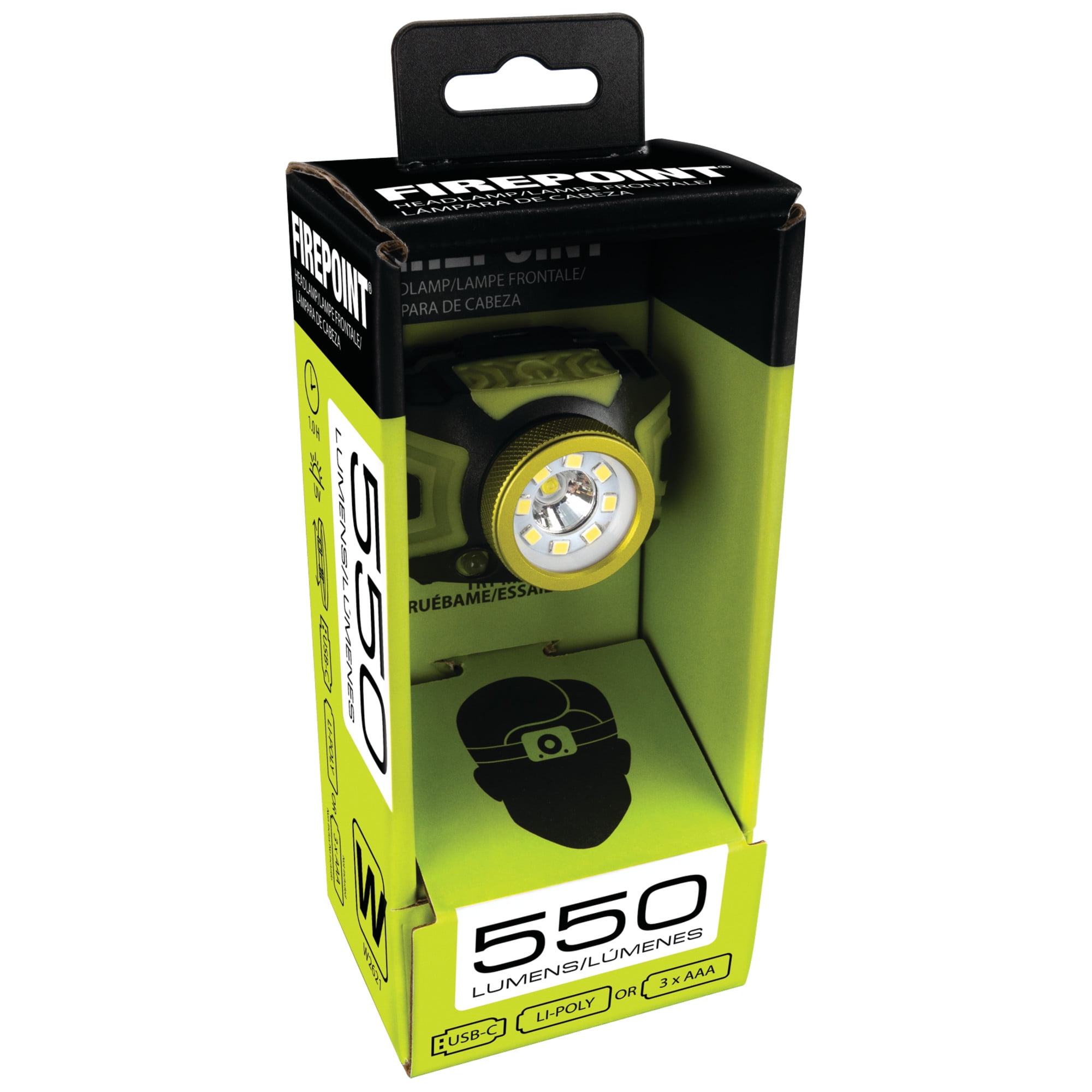 Performance Tool W2621 500+LM FIREPOINT Dual-Power LED Headlamp - Adjustable Strap, UV Light, Spotlight, Area Light, Li-Ion, Green/Black