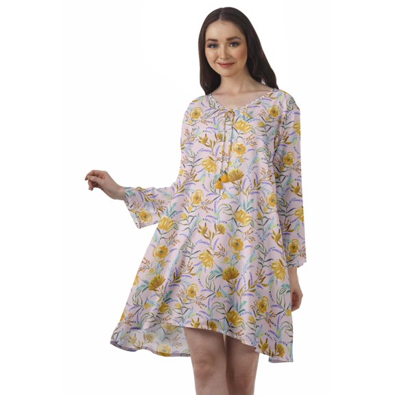 Moomaya Rayon Flared Dress For Womens Long Sleeve Printed V-Neck Casual Beach Dress For Girls