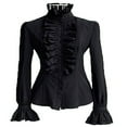 thumbnail image 1 of Women Vintage Victorian Button Down Trumpet Sleeve Tops High Neck Frilly Ruffle Shirt Blouse, 1 of 4