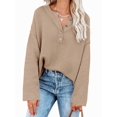 thumbnail image 3 of Women'S Oversized Sweaters Batwing Long Sleeve Loose V Neck Button Henley Tops Pullover Knit Jumper Brown L, 3 of 6
