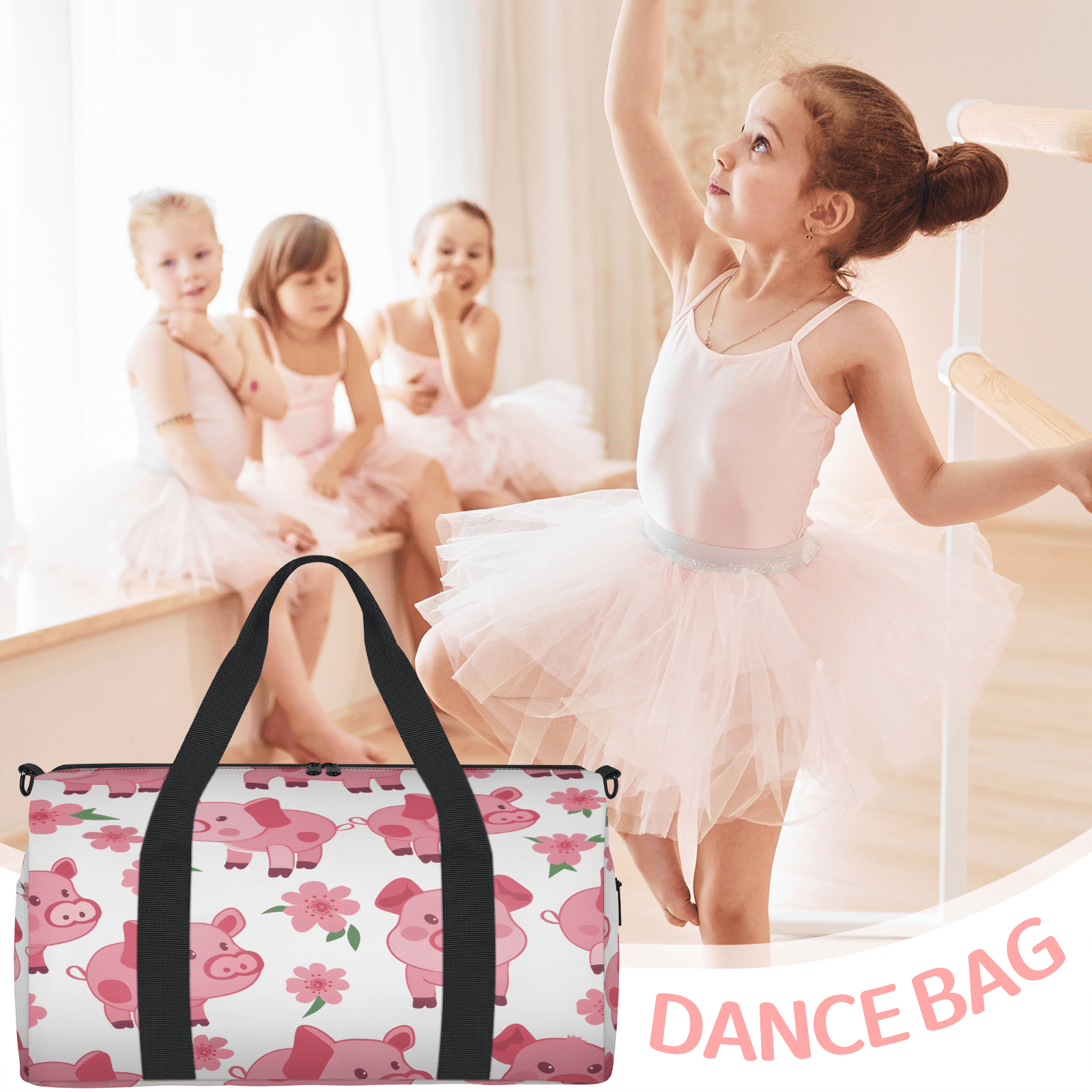 Herdesigns Pig Gym Bag for Women, Duffle Bag for Travel Sport, Pink Lightweight Waterproof Carry on Weekender Dance Yoga Workout Bags