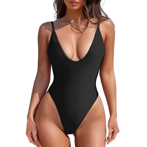 Zando Sexy One Piece Swimsuit for Women V Neck High Cut Thong Bathing Suit Cheeky Swimsuit Romper Black L