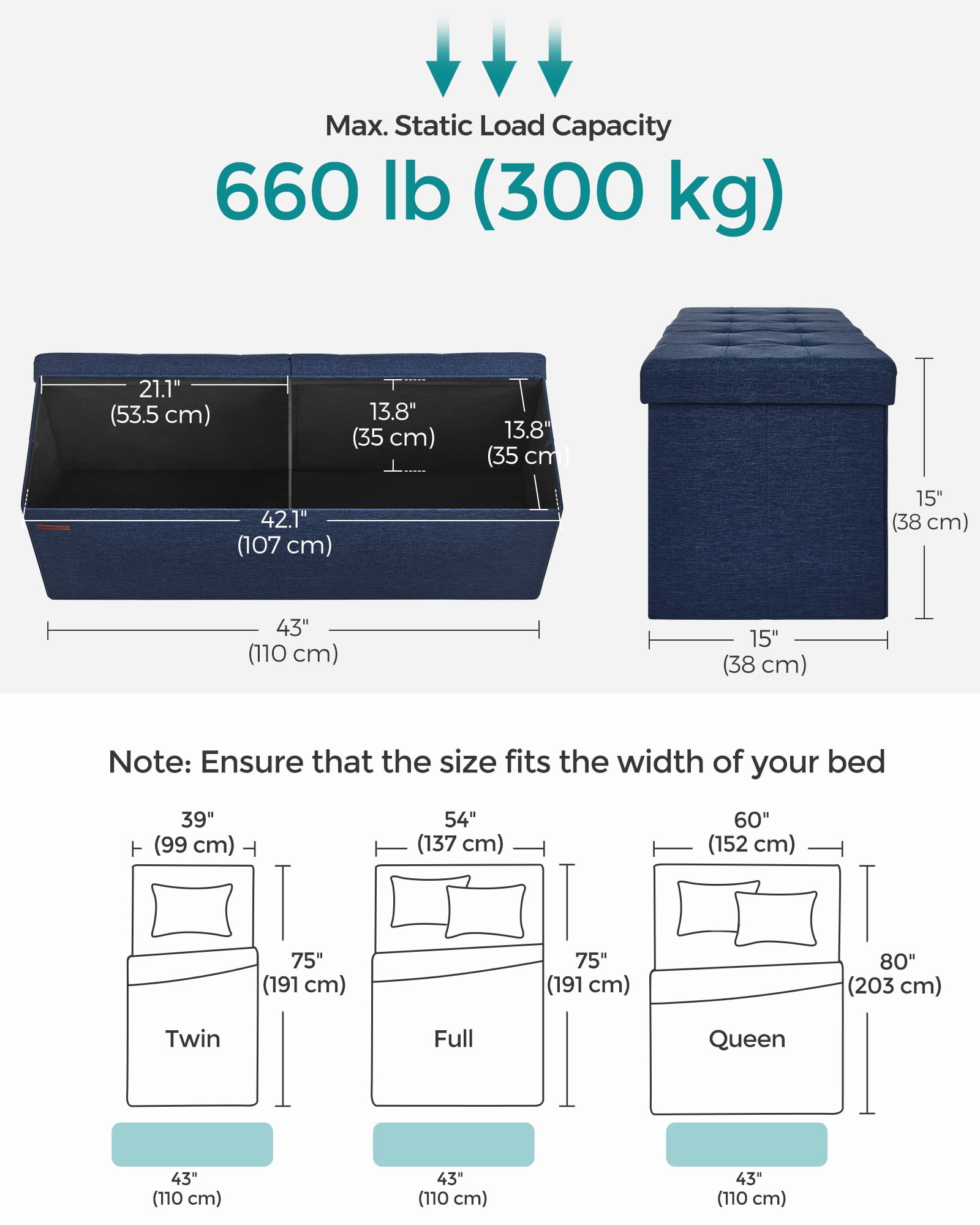 SONGMICS 43" Storage Ottoman Bench Folding Ottoman with Storage Hold up to 660lb Footstool for Living Room Navy Blue