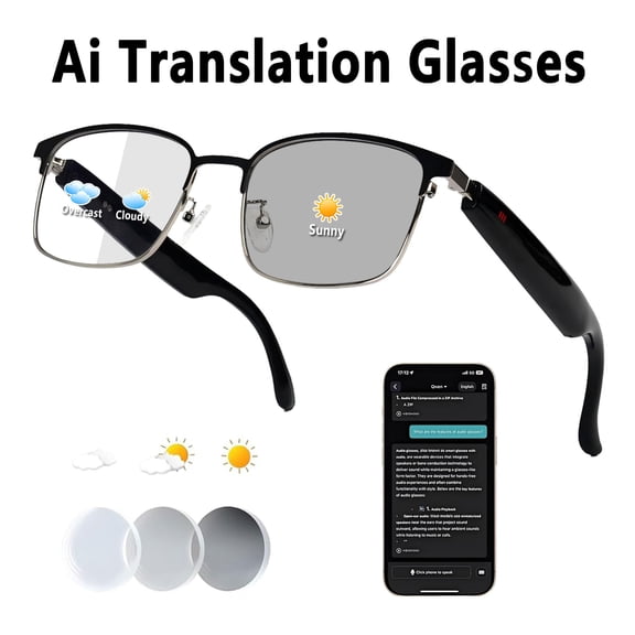 AI Smart Glasses for Men & Women – Powered by ChatGPT, 164  Languages Translation and Photochromic Lens, Meeting Assistant, Bluetooth Glasses w/ Music & Hands-Free Calling, Physically-Changing Lenses