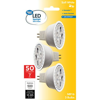 Great Value LED Light Bulb, 7W (50W Equivalent) MR16 Lamp GU5.3 Base, Dimmable, Soft White, 3-Pack