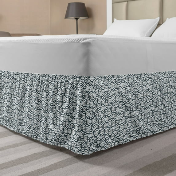 Modern Bed Skirt, Abstract Greyscale Spirals Japanese Style Geometric Scrolling Circular Oval Shapes, Elastic Bedskirt Dust Ruffle Wrap Around for Bedding Decor, 4 Sizes, Grey White, by Ambesonne
