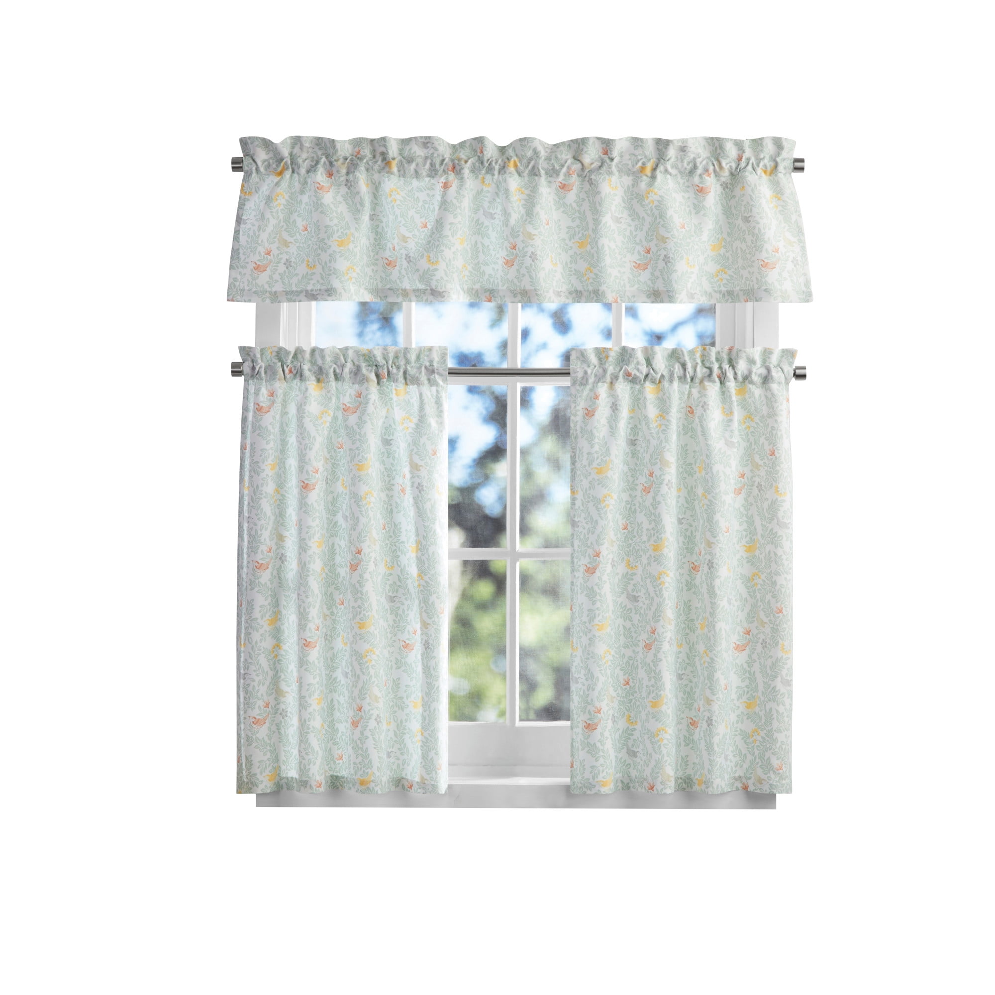 Mainstays 3 Piece Printed Tiers and Valance Set - Multi Birds, Multi, Recycled Polyester, BCI Cotton, 56"W x 14"L, Indoor Curtain, Adult