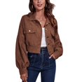 thumbnail image 1 of Short Jacket Dropped Shoulder Puff Long Sleeve Pocket Button Casual Tops for Women Brown M, 1 of 6