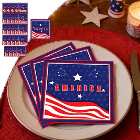 Loespoir Independence Day Patriotic Theme Disposable Tableware 20Pcs Party Tableware Disposable Paper Napkin for 4th of July Party Use Household Paper Tableware