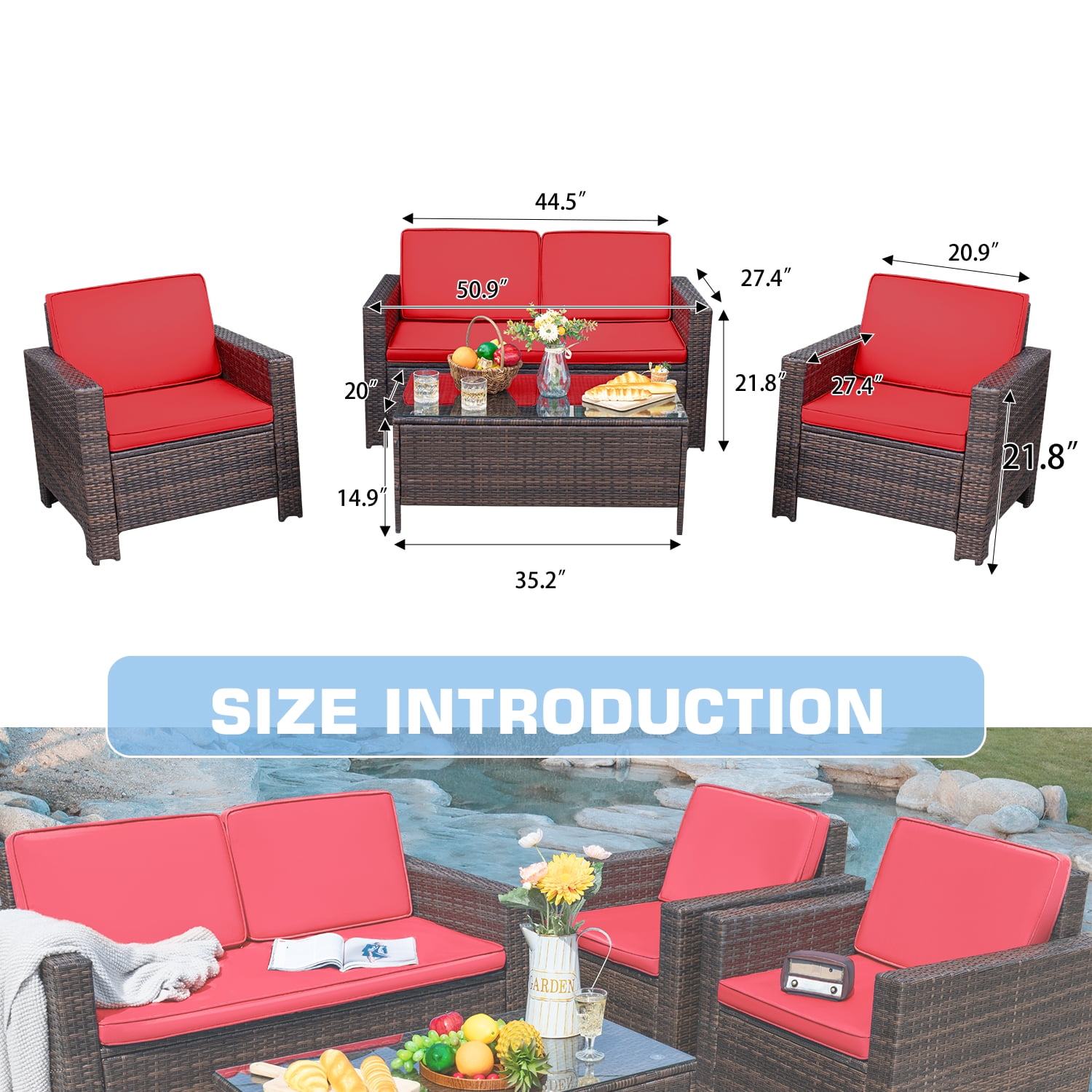 Lacoo 4-Piece Wicker Outdoor Patio Indoor Conversation Set with Cushions, Brown/Red