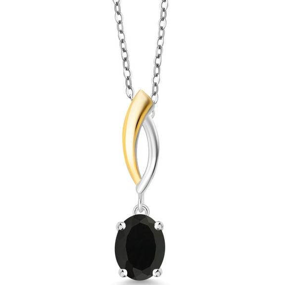 Gem Stone King 925 Silver and 10K Yellow Gold Black Onyx Pendant Necklace for Women (1.60 Cttw, Gemstone Birthstone, Oval 8X6MM, with 18 inch Chain)