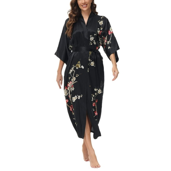 OSCAR ROSSA Women's Silk Sleepwear 100% Silk Charmeuse Long Robe Kimono, Plum Blossom Bird