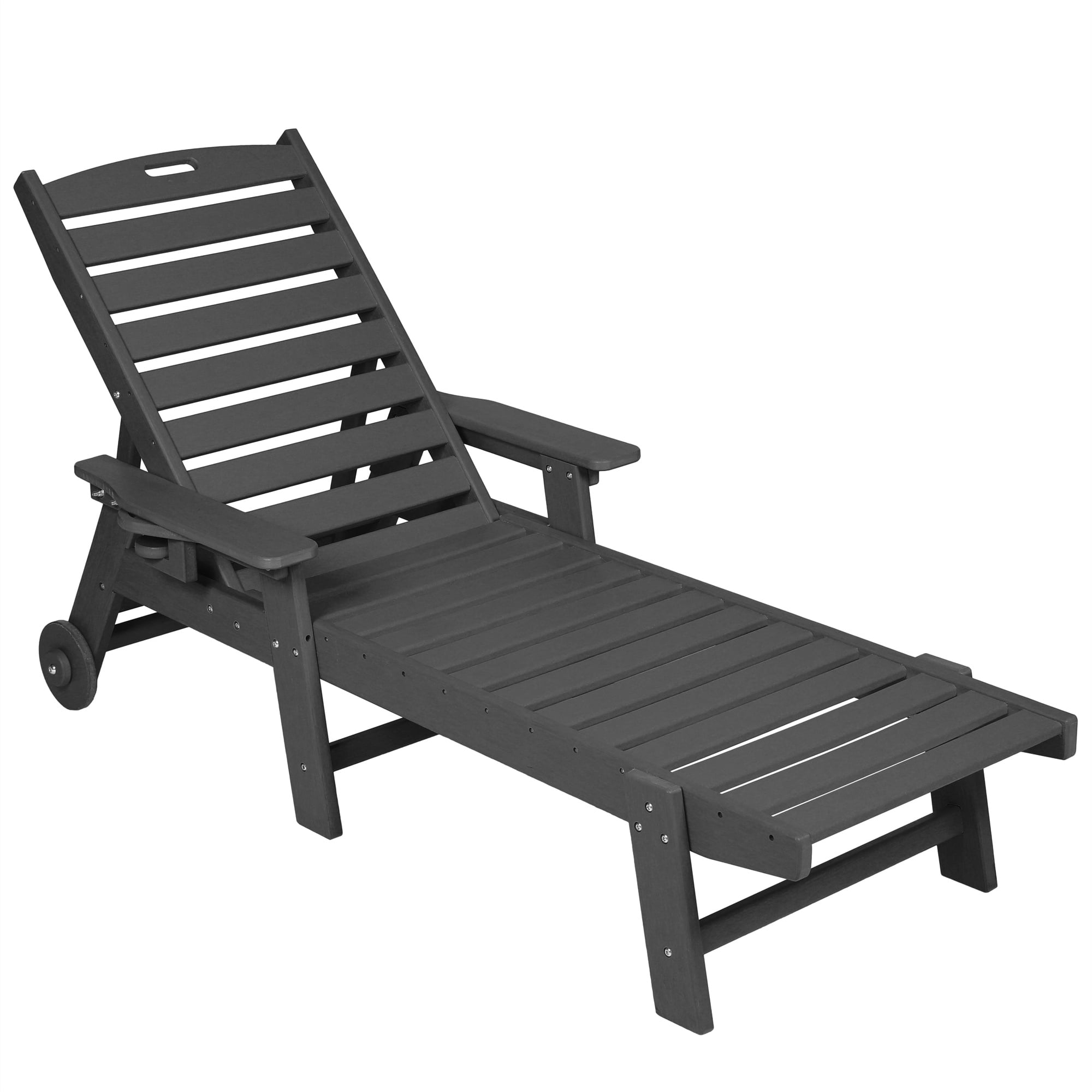 Aukfa 75" HDPE Outdoor Patio Chaise Lounge Chair with Cup Holder&Wheels, Adjustable Backrest, Black