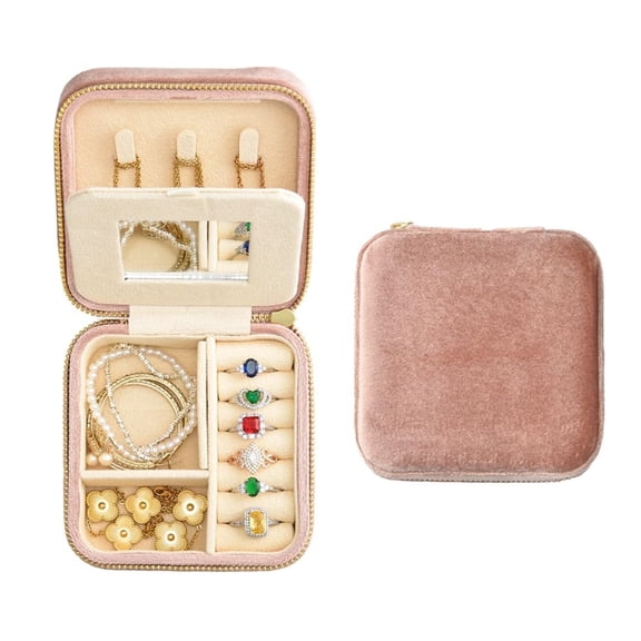 TAIMY Velvet Travel Jewelry Box, Small Travel Jewelry Case, Portable Mini Jewelry Travel Organizer Boxes for Rings Earrings Necklaces Bracelets(Blush Peach with Mirror）