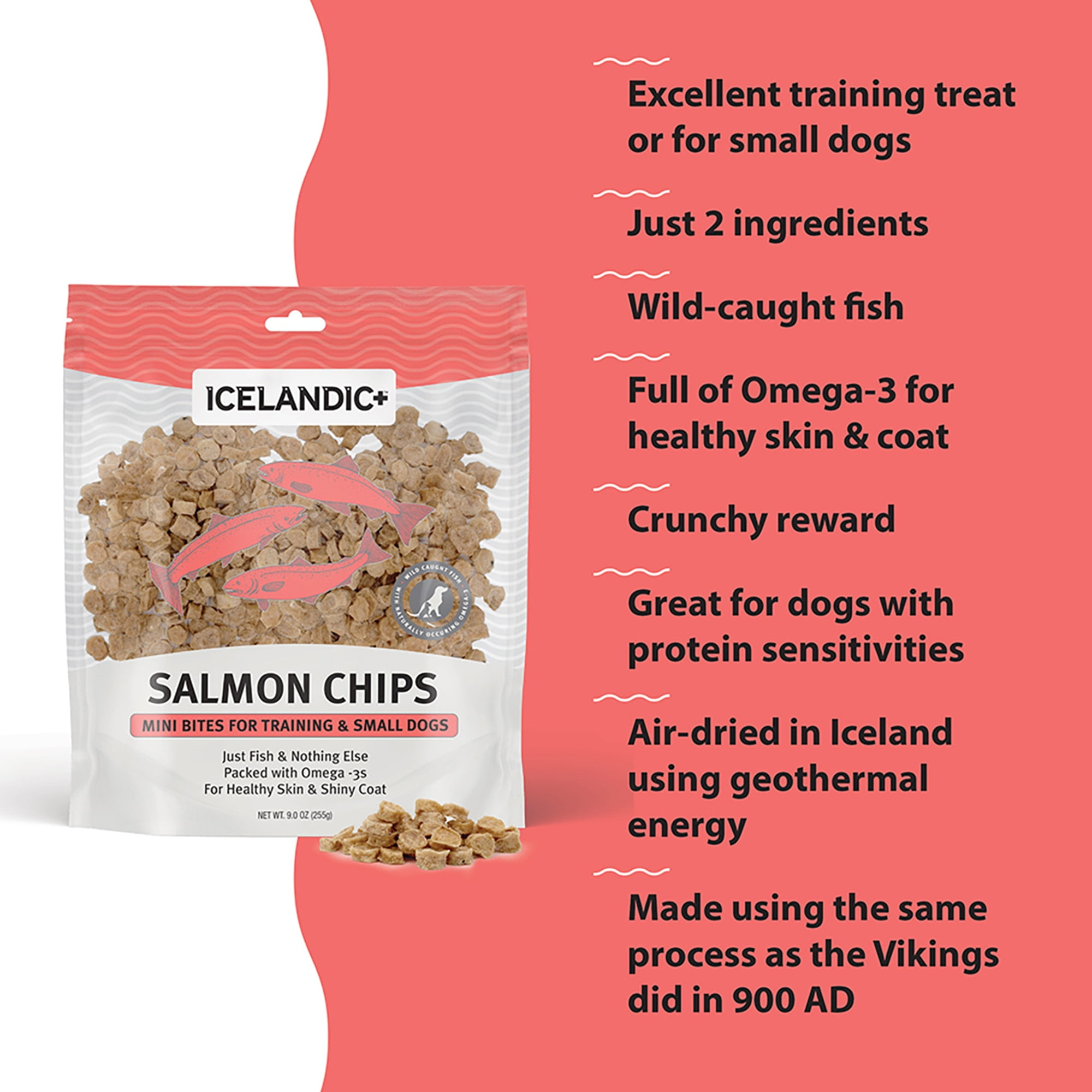 Icelandic+ Mini Fish Chips: Salmon 9oz - Dog Treats, For Training & Small Dogs, 2 Ingredient Air-Dried Crunchy Chips