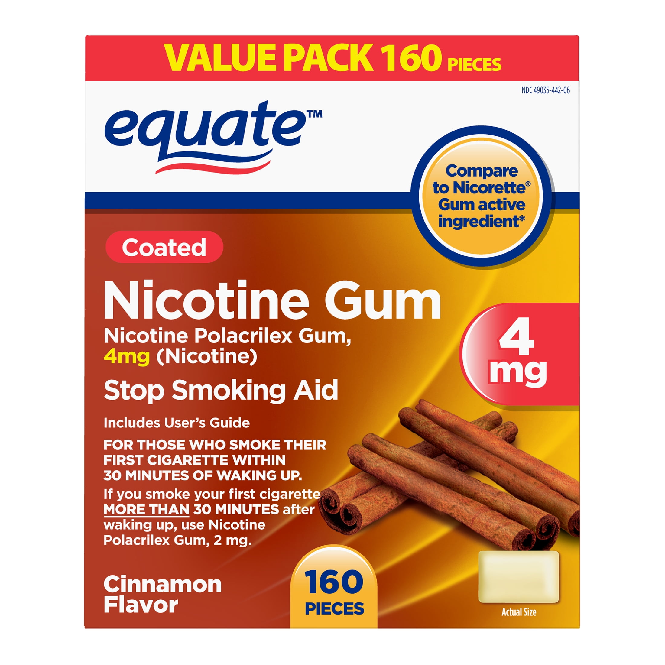 Equate Cinnamon Flavor Coated Nicotine Gum Value Pack, 4 mg, 160 count