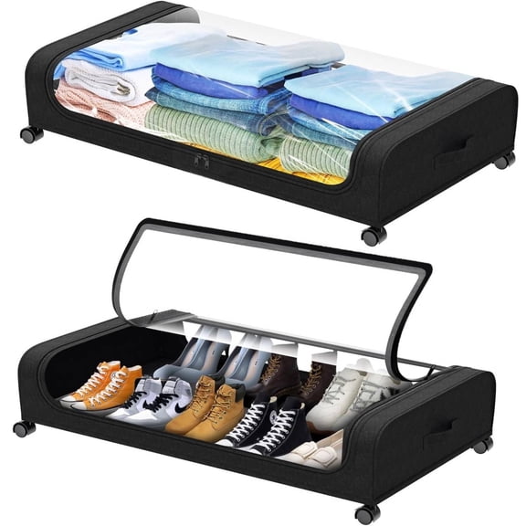 2 Pack Under Bed Storage with Wheels, Under Bed Shoe Storage Larger Capacity with PVC Clear Window & Label, Under the Bed Storage Containers for Shoe Clothes Toy Book