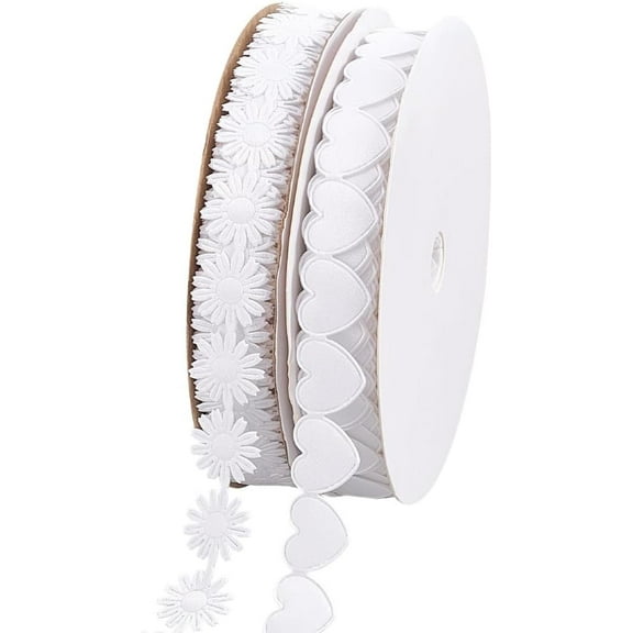 1 set 2 rolls 2 styles Heart Flower Polyester Lace Ribbon White 5/8~3/4 inch(16~18mm) 1 roll/style