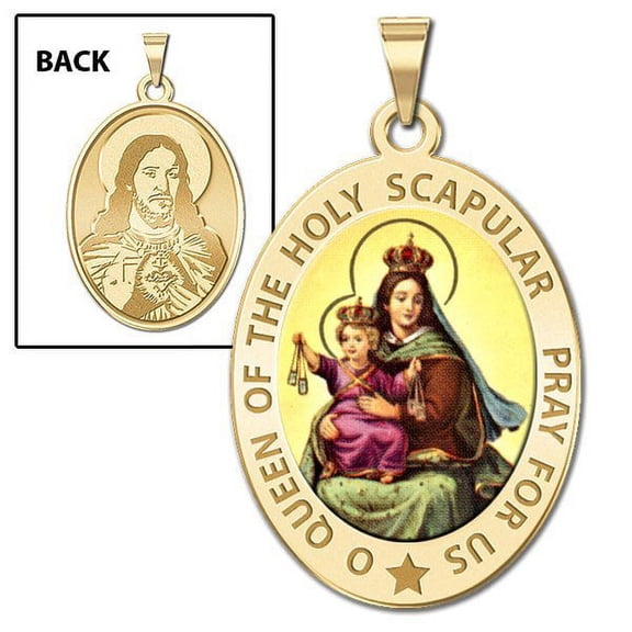 PicturesOnGold.com Scapular Religious Medal OVAL Color - 2/3 X 3/4 Inch Size of Nickel, Solid 14K Yellow Gold