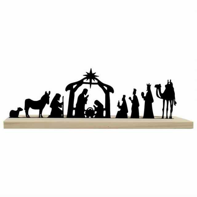 Nacimiento Escena de Navidad Decoración Metálica con Base de Madera Ornamento Creativo para Mesa Adecuado para Regalo Decoración de Hogar 32cmx4cmx10c