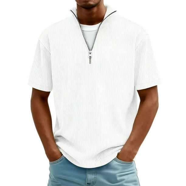 Blusa y camisa de manga corta con cuello vuelto para hombre, color liso, informal, con solapa y cierre de cremallera de un cuarto, con bolsillo para hombre, top/camisa de manga corta con solapa para h