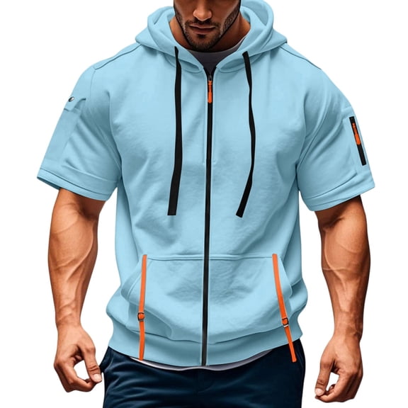 Sewkxo Zip Up Hoodie Men Short Sleeve Hoodies for Men Lightweight Jacket Summer Workout Gym Muscle Shirts with Pocket,Light Blue M