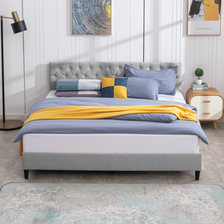MUZZ Queen Size Platform Bed Frames Upholstered Linen Bed Frame with Button Tufted Headboard Wood Slat Support Noise-Free  No Box Spring Needed Easy Assembly(Queen Light Grey)