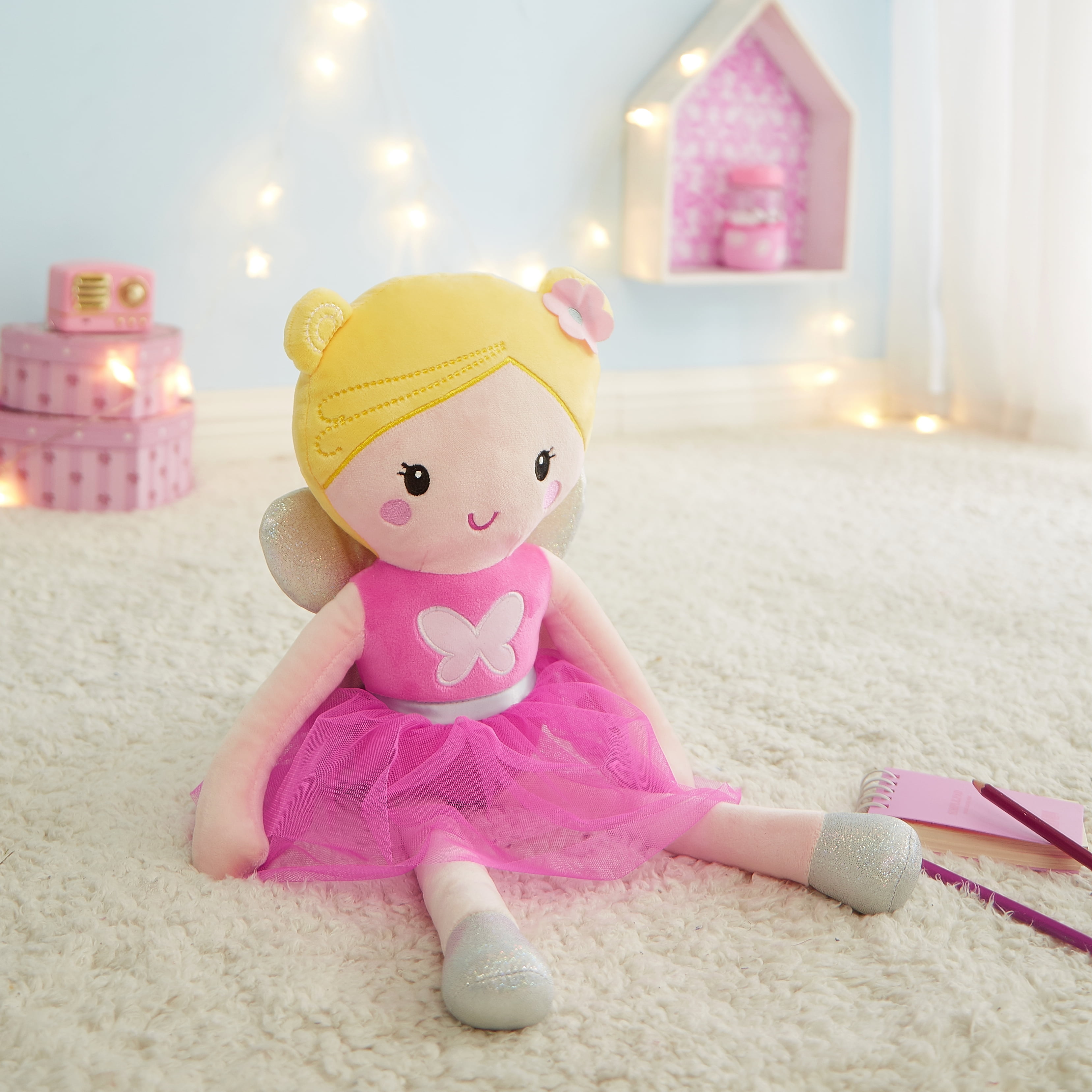 Girls Soft Plush Cloth Fairy Doll Stuffed Toy with Pink Dress 