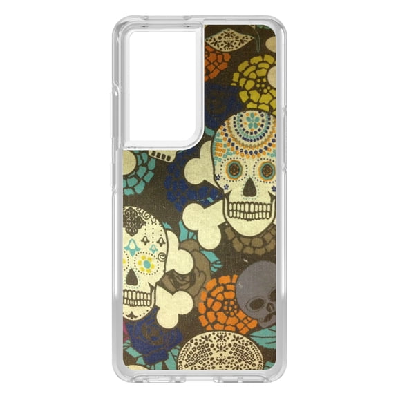 DistinctInk Clear Shockproof Hybrid Case for Galaxy S21 ULTRA 5G (6.8" Screen) - TPU Bumper, Acrylic Back, Tempered Glass Screen Protector - Sugar Skulls Green Orange