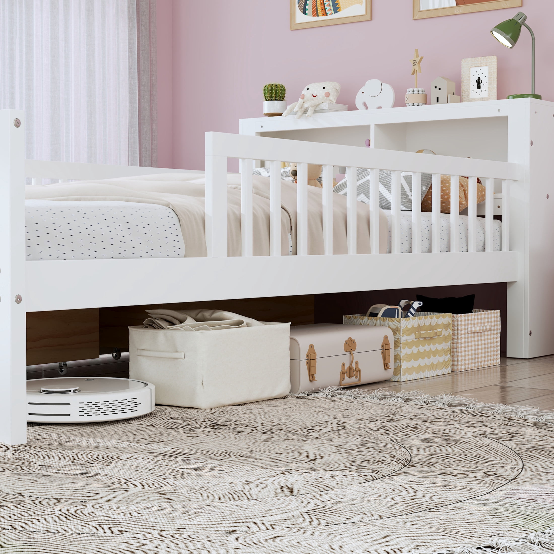 Noble House Twin Bed Frame with Headboard Storage Rack, 2 Drawers, and Safety Guardrails, White