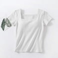thumbnail image 2 of Lenpel Women's Going out Tops Fashion Summer Ribbed Short Sleeve Square Neck Slim T Shirts with Built in Bra Casual Basic Tees, 2 of 3