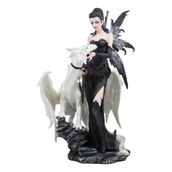 Gothic Khaleesi Fairy With Arctic White Dragon Statue 9.5"H Dungeons Dragons Art