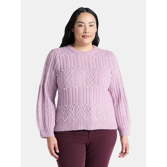 Terra & Sky Women’s Plus Cable Knit Sweater with Faux Pearls, Lightweight, Sizes 0X-5X