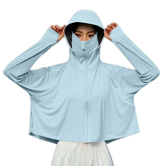 SuTry UPF 50 Sun Jacket for Women Cropped Face Cover Hooded with Thumb Holes Ice Silk Fabric Lightweight Beach Driving Outdoor Jacket