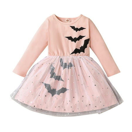 

EnJoCho Toddler Kids Girls Long Sleeve Cartoon Halloween Bat Prints Mesh Tulle Princess Dress Trendy Holiday Party Performance Clothes Fall Birthday Gift Dresses for Child Girls