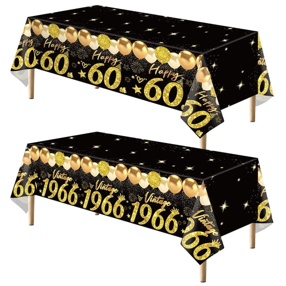 2pcs 60th Birthday Tablecloth, Black Gold 60th Birthday Decorations for Men Women Vintage 1966 Table Cloth Plastic Rectangular Table Cover Happy 60 Anniversary Party Supplies